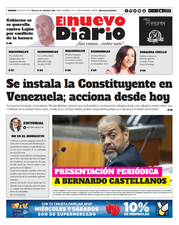 Portada El Nuevo Diario, Sábado 05 de Agosto 2017