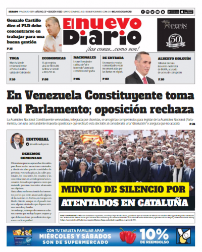 Portada El Nuevo Diario, Sábado 19 de Agosto 2017