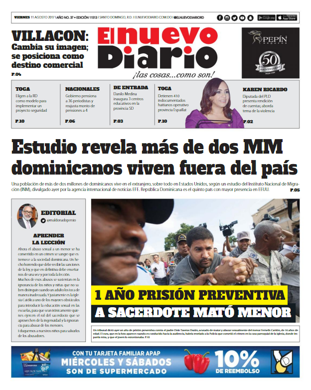 Portada El Nuevo Diario, Viernes 11 de Agosto 2017