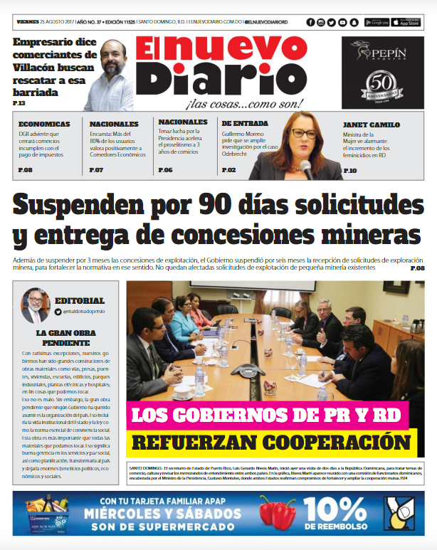 Portada El Nuevo Diario, Viernes 25 de Agosto 2017