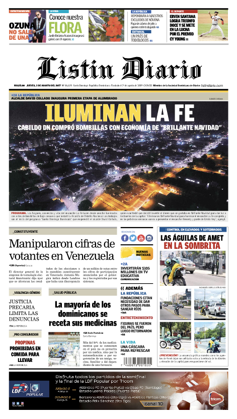 Portada Listín Diario, Jueves 03 de Agosto 2017