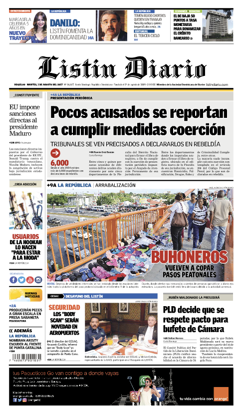 Portada Listín Diario, Martes 01 de Agosto 2017