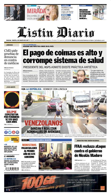 Portada Listín Diario, Martes 08 de Agosto 2017