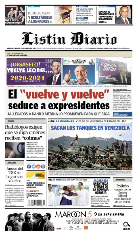 Portada Listín Diario, Martes 15 de Agosto 2017