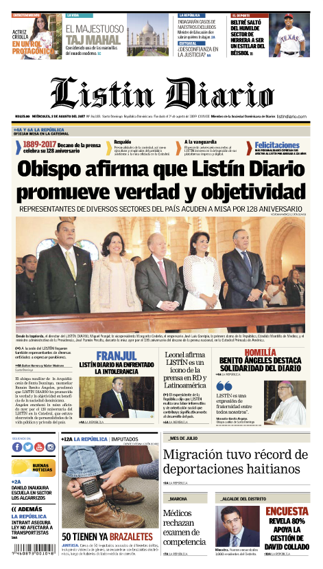 Portada Listín Diario, Miércoles 02 de Agosto 2017