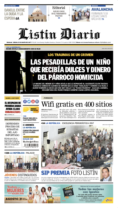 Portada Listín Diario, Sábado 12 de Agosto 2017