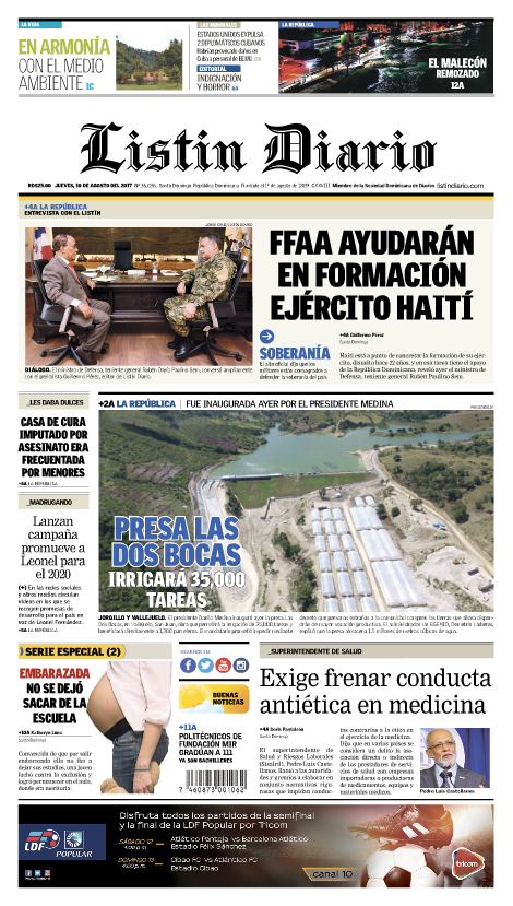 Portada Listín Diario, Jueves 10 de Agosto 2017