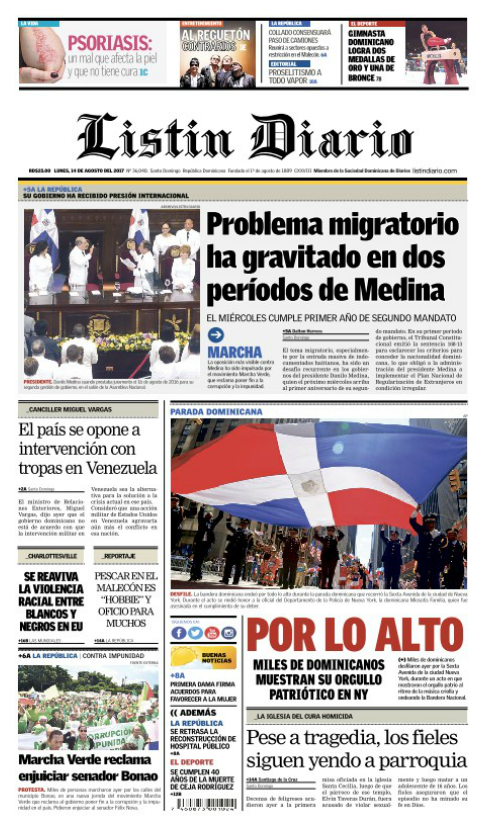 Portada Listín Diario, Lunes 14 de Agosto 2017