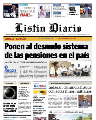 Portada Listín Diario, Lunes 21 de Agosto 2017