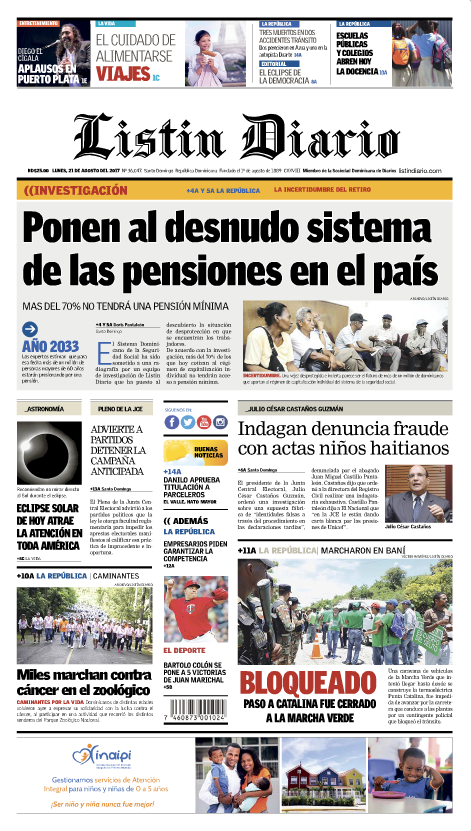 Portada Listín Diario, Lunes 21 de Agosto 2017