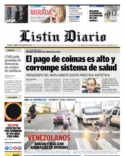Portada Listín Diario, Martes 08 de Agosto 2017
