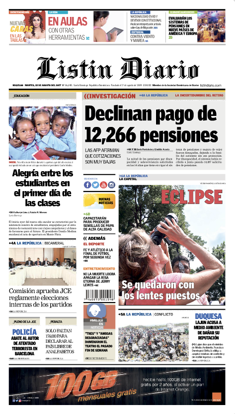 Portada Listín Diario, Martes 22 de Agosto 2017