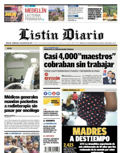 Portada Listín Diario, Miércoles 09 de Agosto 2017