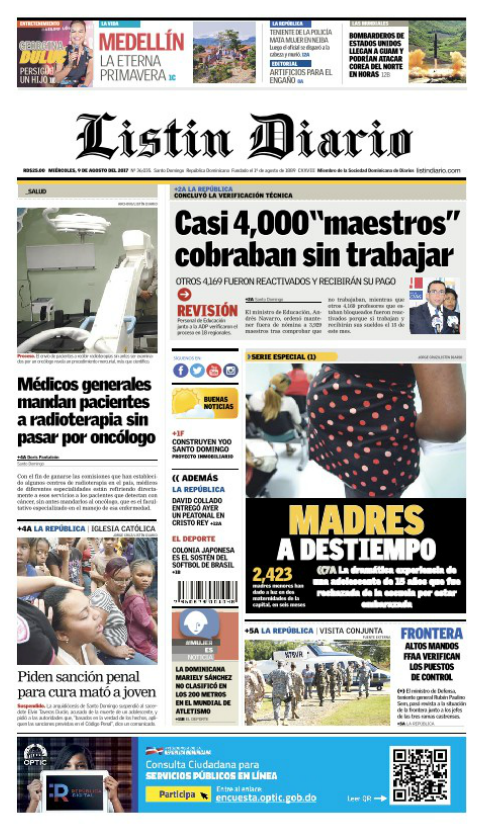 Portada Listín Diario, Miércoles 09 de Agosto 2017