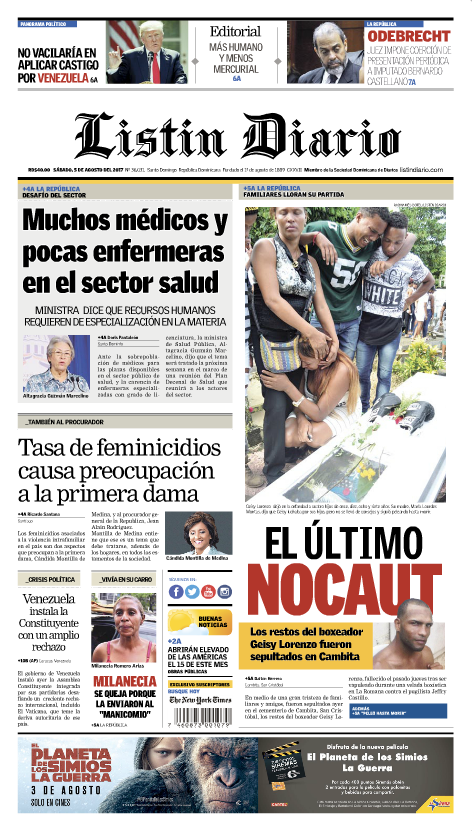 Portada Listín Diario, Sábado 05 de Agosto 2017