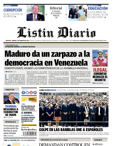 Portada Listín Diario, Sábado 19 de Agosto 2017