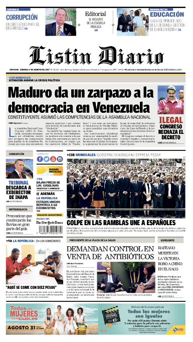 Portada Listín Diario, Sábado 19 de Agosto 2017