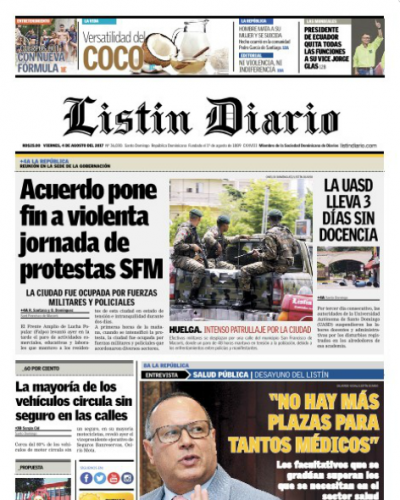 Portada Listín Diario, Viernes 04 de Agosto 2017
