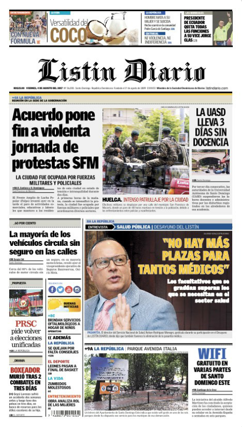 Portada Listín Diario, Viernes 04 de Agosto 2017