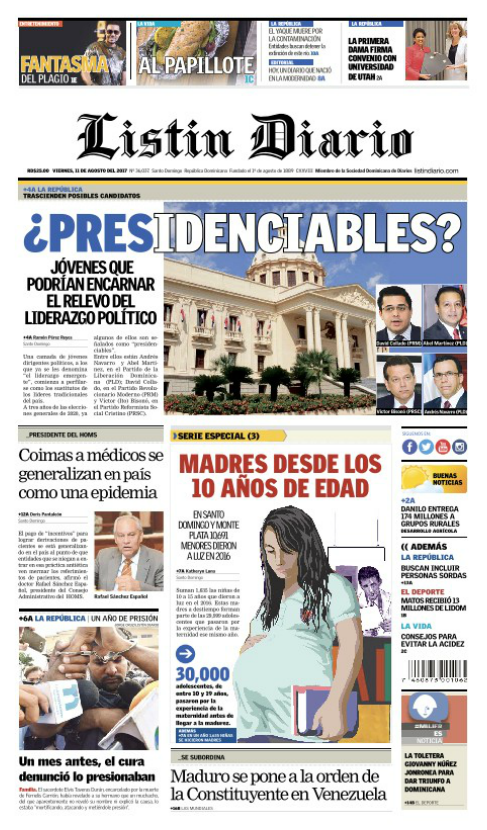 Portada Listín Diario, Viernes 11 de Agosto 2017