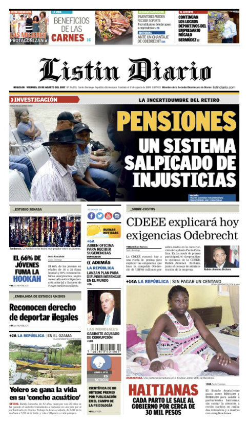 Portada Listín Diario, Viernes 25 de Agosto 2017