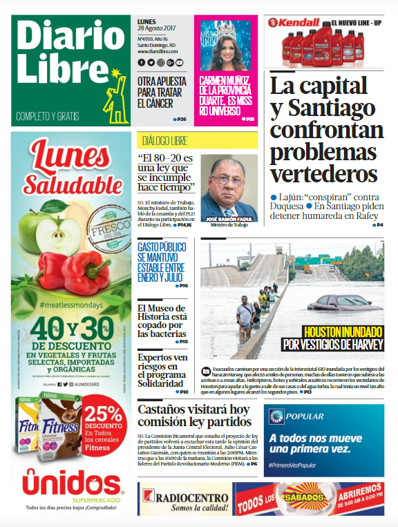 Portada Periódico Diario Libre, Lunes 28 de Agosto 2017