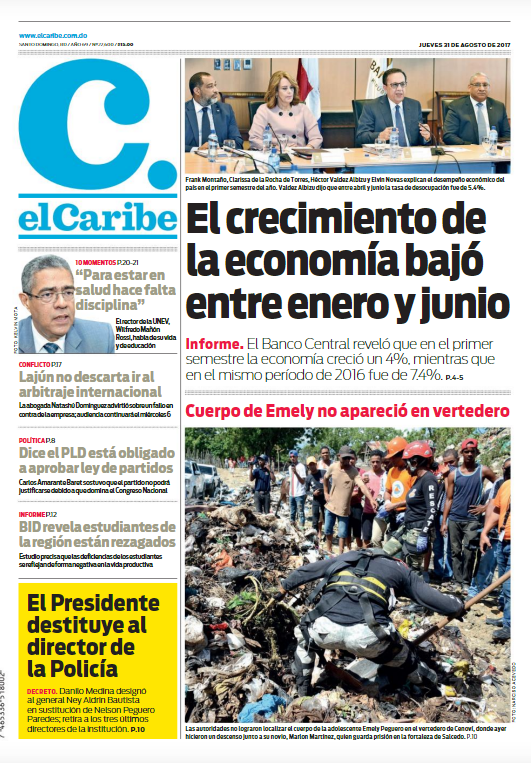 Portada Periódico El Caribe, Jueves 31 de Agosto 2017