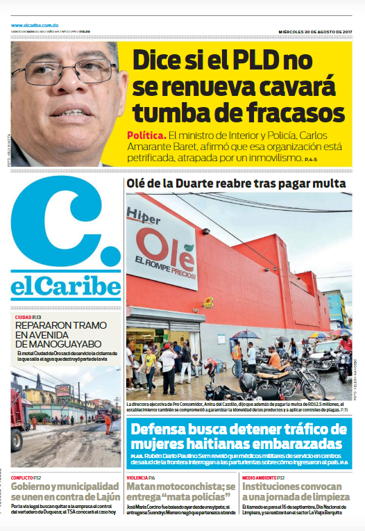Portada Periódico El Caribe, Miércoles 30 de Agosto 2017