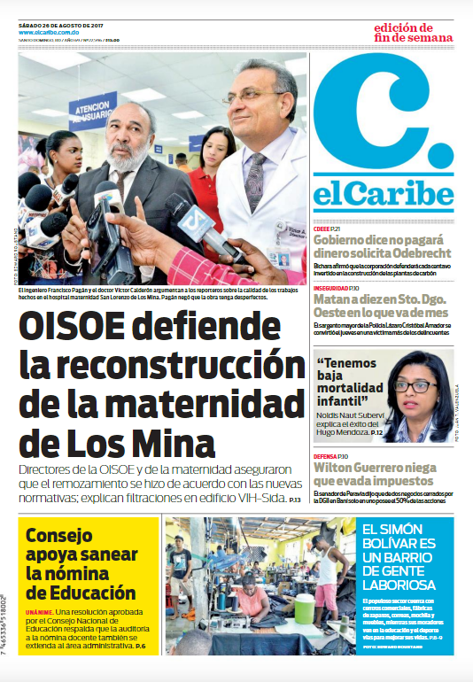 Portada Periódico El Caribe, Sábado 26 de Agosto 2017