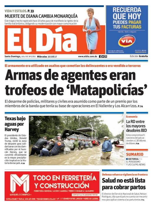 Portada Periódico El Día, Miércoles 30 de Agosto 2017