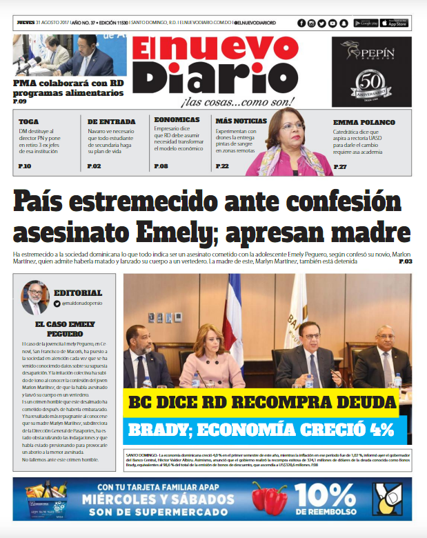 Portada Periódico El Nuevo Diario, Jueves 31 de Agosto 2017