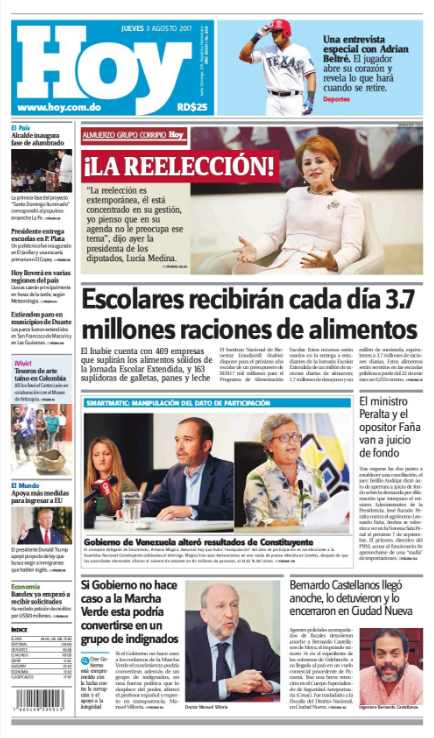 Portada Periódico Hoy, Jueves 03 de Agosto 2017