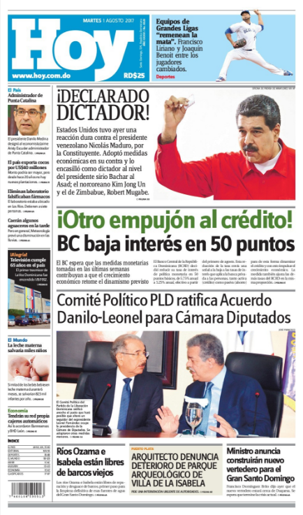 Portada Periódico Hoy, Martes 01 de Agosto 2017