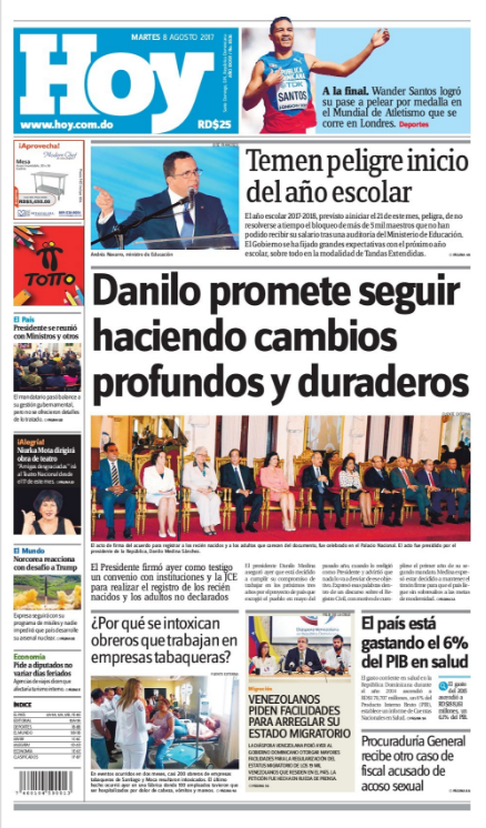 Portada Periódico Hoy, Martes 08 de Agosto 2017