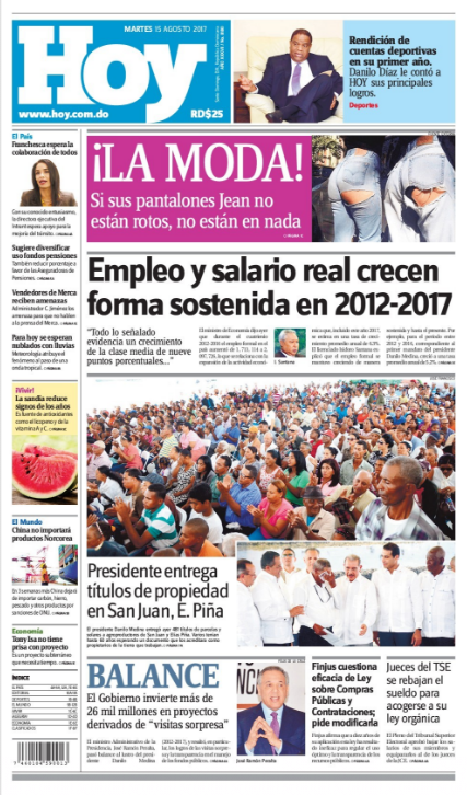 Portada Periódico Hoy, Martes 15 de Agosto 2017