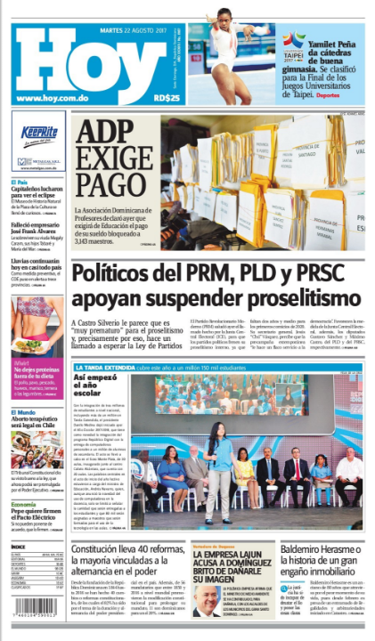 Portada Periódico Hoy, Martes 22 de Agosto 2017