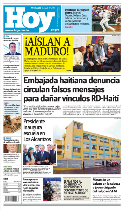 Portada Periódico Hoy, Miércoles 02 de Agosto 2017