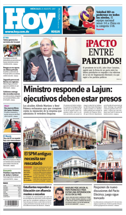 Portada Periódico Hoy, Miércoles 23 de Agosto 2017