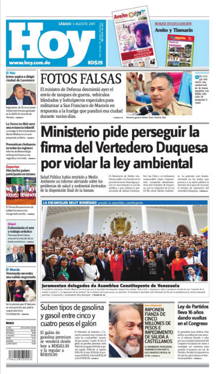 Portada Periódico Hoy, Sábado 05 de Agosto 2017