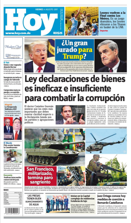 Portada Periódico Hoy, Viernes 04 de Agosto 2017
