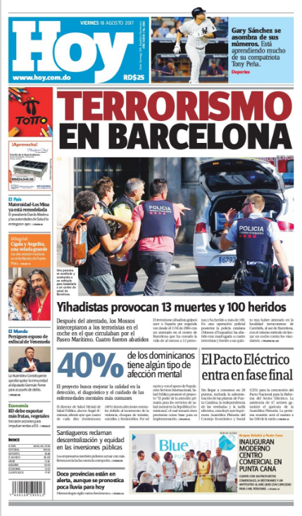 Portada Periódico Hoy, Viernes 18 de Agosto 2017