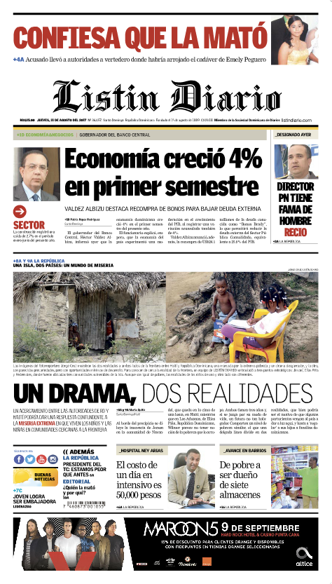 Portada Periódico Listín Diario, Jueves 31 de Agosto 2017