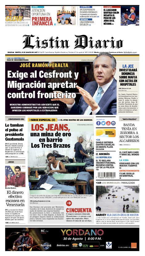 Portada Periódico Listín Diario, Martes 29 de Agosto 2017