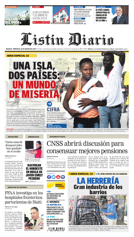 Portada Periódico Listín Diario, Miércoles 30 de Agosto 2017