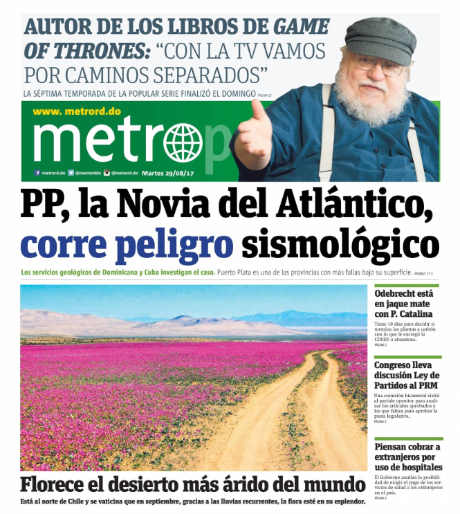 Portada Periódico Metro, Martes 29 de Agosto 2017