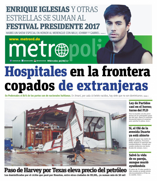 Portada Periódico Metro, Miércoles 30 de Agosto 2017