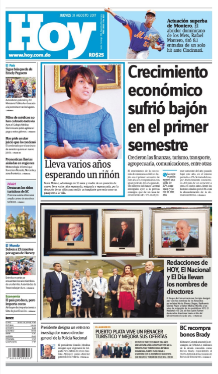 Portada Periódico Periódico Hoy, Jueves 31 de Agosto 2017