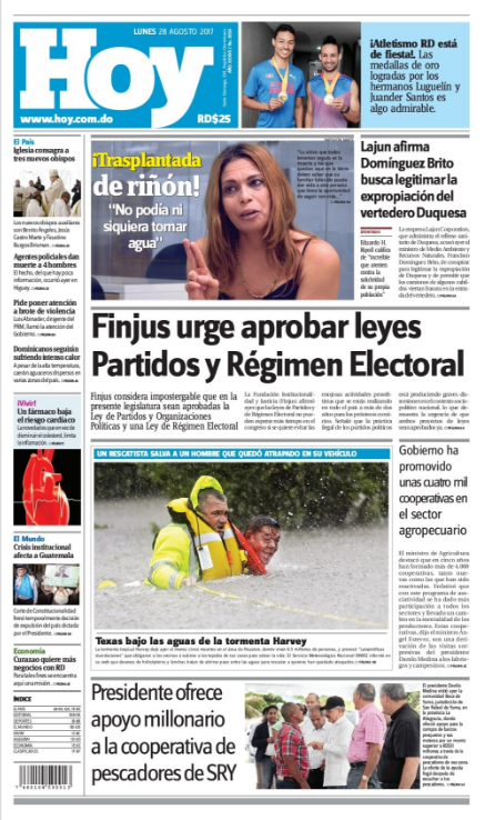 Portada Periódico Periódico Hoy, Lunes 28 de Agosto 2017