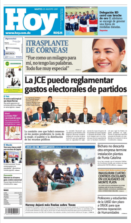 Portada Periódico Periódico Hoy, Martes 29 de Agosto 2017