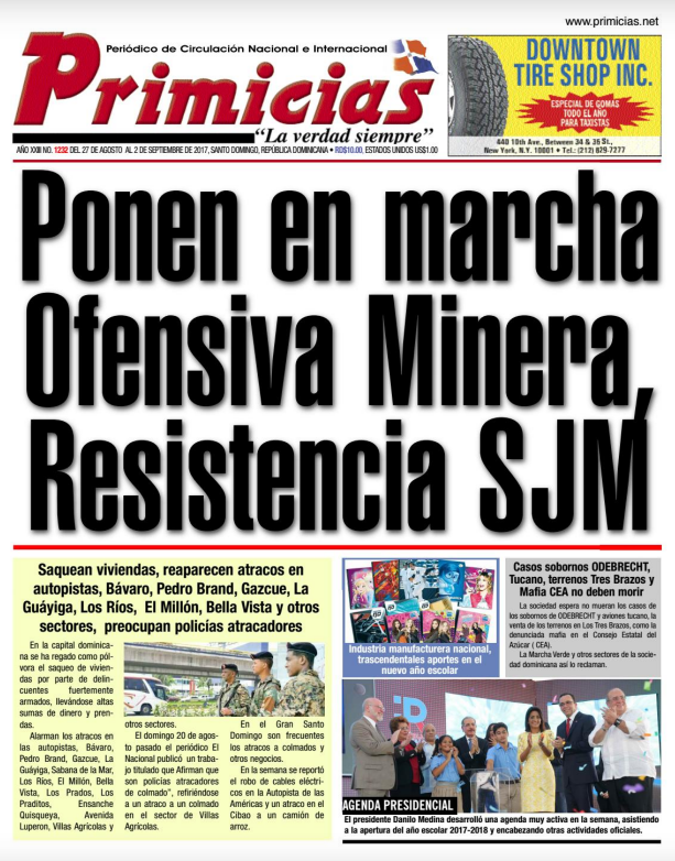 Portada Periódico Primicias, Domingo 27 de Agosto 2017